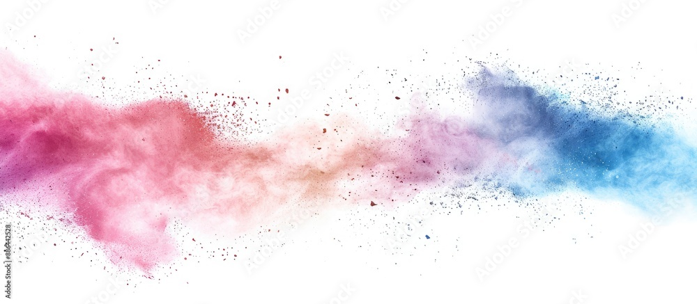 Poster Colorful powder exploded on a white surface capturing the movement in a freeze frame shot with copy space for an image