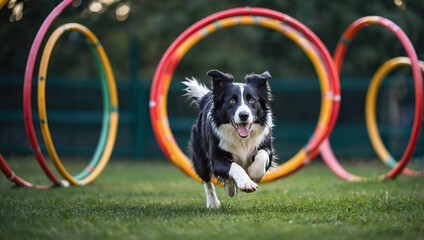 Energetic border collie performing agility training by jumping through colorful hoops.