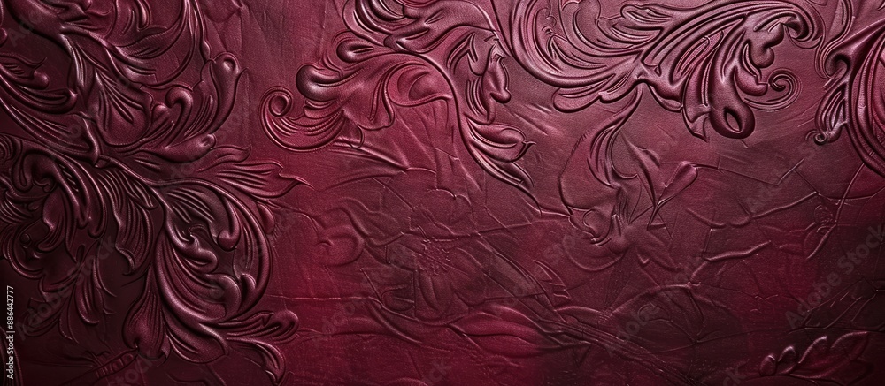 Poster Texture of a sheet of paper in a burgundy hue with decorative embossed patterns suitable for featuring designs with a blank space for images. with copy space image. Place for adding text or design