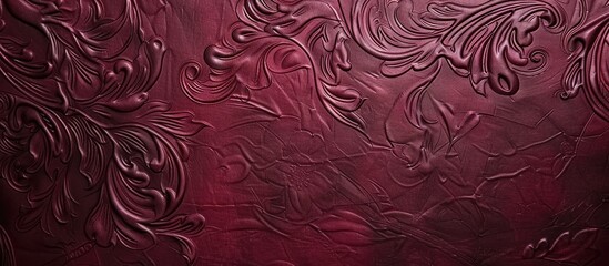 Texture of a sheet of paper in a burgundy hue with decorative embossed patterns suitable for featuring designs with a blank space for images. with copy space image. Place for adding text or design