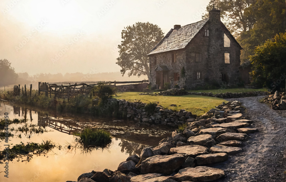 Wall mural old farm house at sunrise created with Generative AI technology