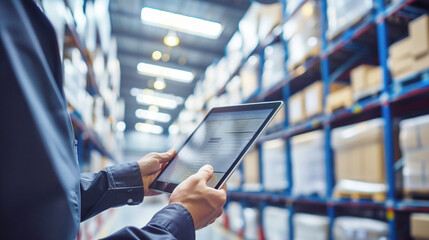 Warehouse employee using a digital tablet to manage inventory in a large storage facility aisle. Inventory management, logistics, supply chain, warehouse operations, technology in storage.