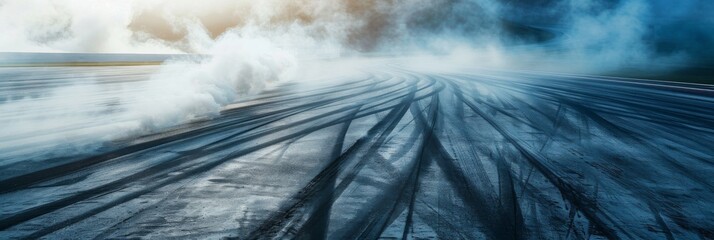 Obraz premium Tire track mark and smoke on asphalt tarmac road race track. Driver drifting car on speed track