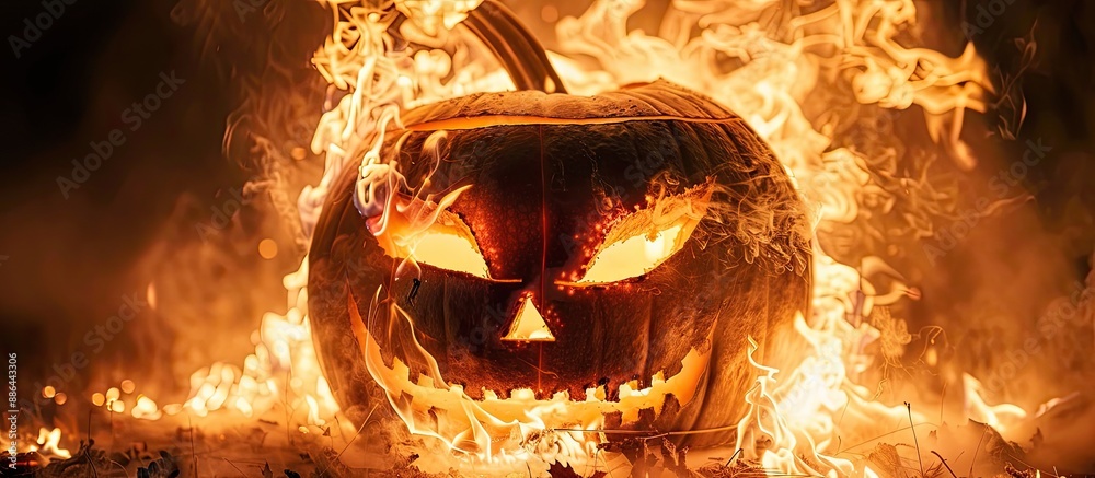 Poster look at the eerie smile of a burning pumpkin head for an unsettling image with copy space
