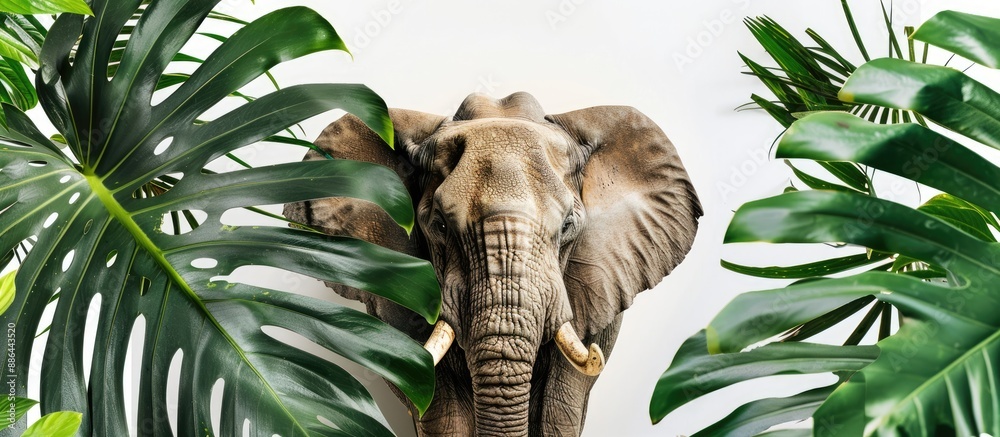 Poster Create a layout with a mock up poster frame greenery and an elephant for enhancing a copy space image
