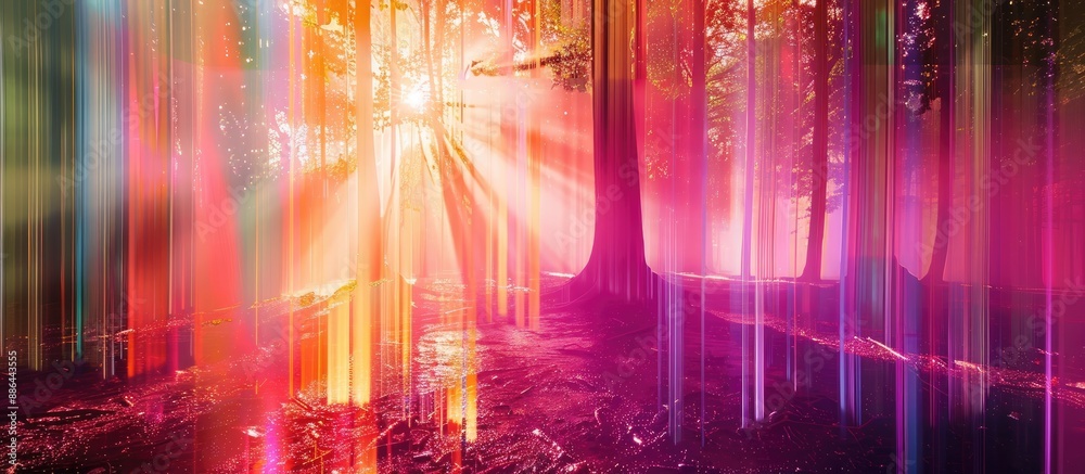 Leinwandbilder Abstract light patterns in a forest setting on a multicolored linear background with copy space image