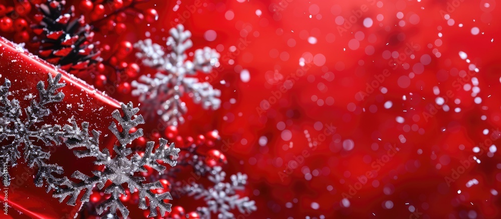 Poster Red background with snowflakes for Christmas presents 41 characters. with copy space image. Place for adding text or design