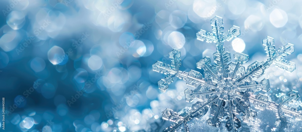 Poster Close up of a winter snowflake against a monochrome blue background with selective focus creating a banner like copy space image