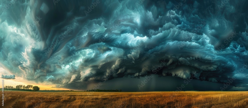 Poster meteorological phenomenon depicted in a dramatic panoramic sky image showcasing dark stormy clouds s