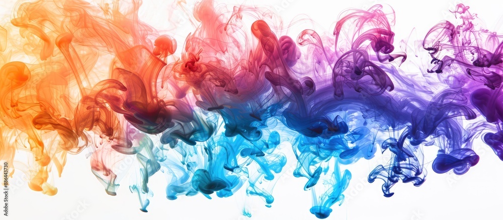 Poster Black ink swirling in water creating a colored abstract smoke explosion effect isolated on white with a spacious area suitable for adding text or images. with copy space image