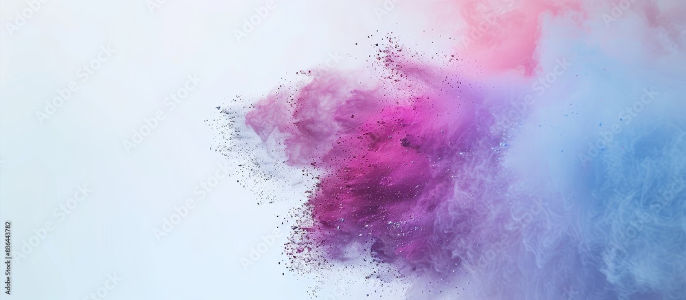 Aufkleber Colorful powder exploded on a white surface capturing the movement in a freeze frame shot with copy space for an image