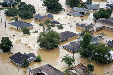 An entire neighborhood is flooded with water submerging homes and trees, representing the destructive impact of natural disasters like floods.