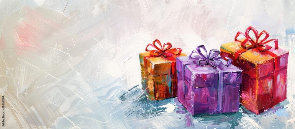 Aufkleber three gift boxes wrapped with bows on a white surface artistically painted with brush strokes displa