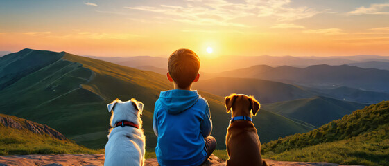 young boy with two dogs sitting on a hilltop, wearing a hoodie, looking at a sunrise, mountainous landscape, clear sky, adventure and peace concept