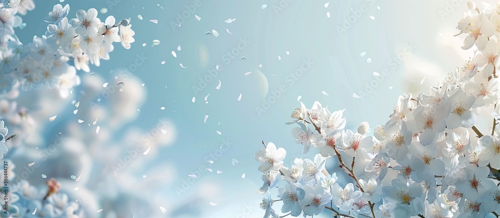 Poster Spring has arrived with blooming white blossoms against the morning sky creating a serene background ready for you to add a copy space image