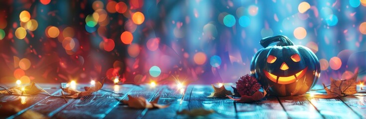 Halloween pumpkins on a wooden table with a blurred background of colorful lights and fog in a spooky night.