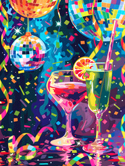 2D illustrated New Year card in a cute graphic style