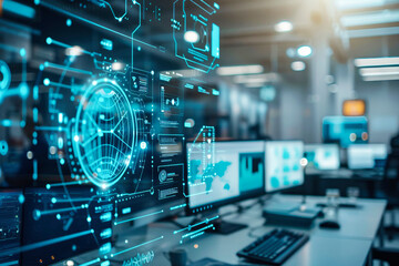 High-tech computer interface with holographic elements displaying global data analysis in a modern office setting.