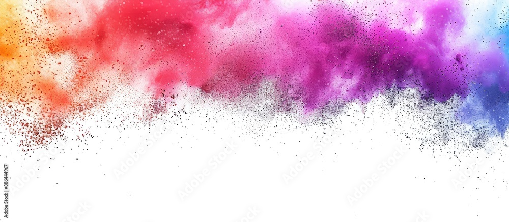 Aufkleber Vibrant multicolored powder exploding in freeze frame creating an abstract backdrop with glittery textures on a white background suitable for a copy space image