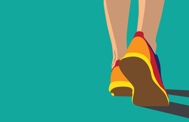 a sportswoman walking in sports shoes, close up from behind, copy space