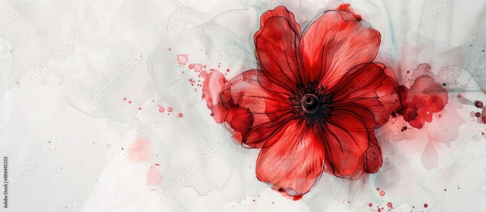 Poster artistic ink backdrop featuring a stunning red buttercup flower in a creative top view copy space im