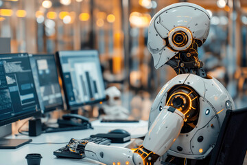 Fototapeta premium A high-tech robot sitting at a desk, working on a computer in an office environment, with advanced machinery visible in the background.