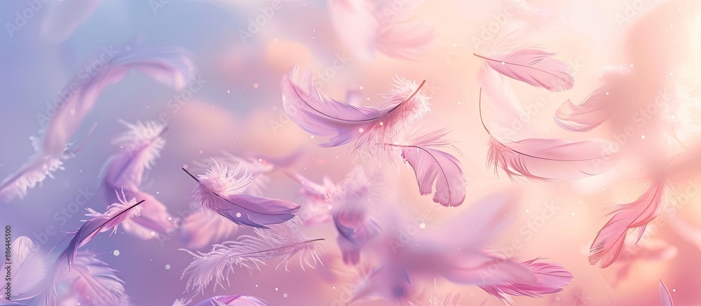 Poster A soft dreamy background with a scattering of lilac feathers in the corner against a romantic sky backdrop perfect for a copy space image