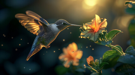 Fototapeta premium A hummingbird hovering near a vibrant flower