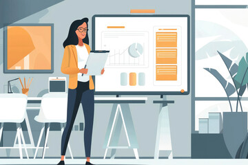 Obraz premium A businesswoman stands in a modern office presenting data and analytics on a whiteboard, symbolizing professionalism and corporate leadership.