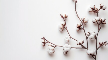Cotton Background. Delicate White Cotton Flowers on Cotton Branch, Soft Background