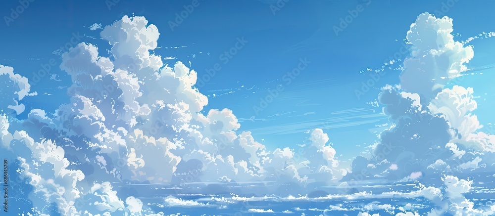 Poster a serene summer day features a clear blue sky fluffy white clouds and a tranquil ambiance ideal for 