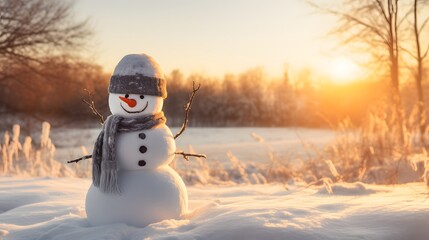Fototapeta premium Adorable snowman in a winter landscape, donning a hat and scarf, with sunlight and soft shadows