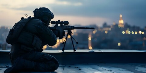 Fototapeta premium Nighttime Sniper in War Conflict Positioned on Rooftop. Concept Military Tactics, Night Operations, Sniper Skills, War Zones, Rooftop Positioning