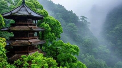 Fototapeta premium A historic pagoda nestled within a vibrant green forest, shrouded in mist and providing a sense of mystery and tranquility with the surrounding mountainous landscape.