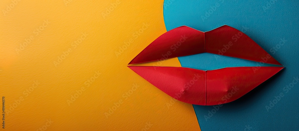 Poster Red paper lips on a colorful backdrop with copy space image
