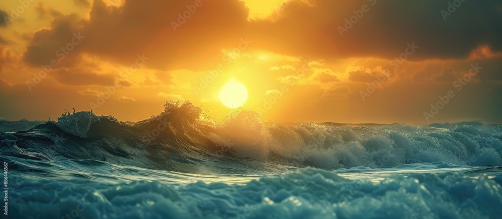 Poster scenic sunset over the sea with the yellow sun casting its light on the big storm waves creating a b