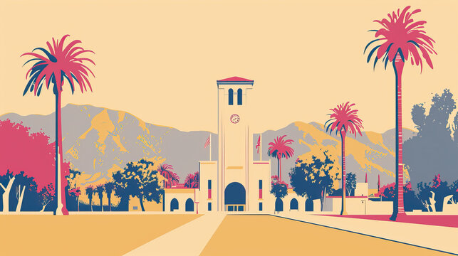 Risograph riso print travel poster, card, wallpaper or banner illustration, modern, isolated, clear, simple of Pomona, California, USA. Artistic, screen printing, stencil