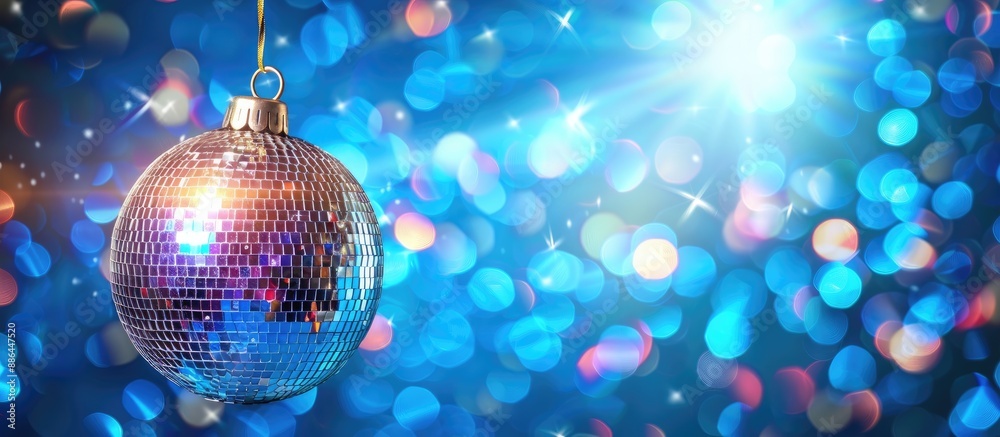 Poster a backdrop with a disco ball celebration theme on a blue background perfect for banners with ample c