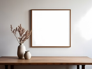 Minimalist interior with a blank framed canvas and ceramic vases on a wooden table.