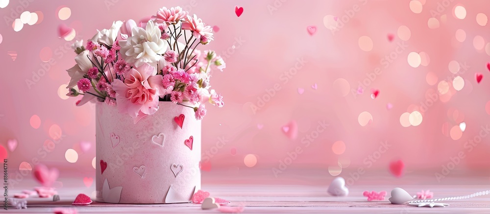 Poster valentine s day background with a gift box filled with flowers and adorned with heart decorations pe