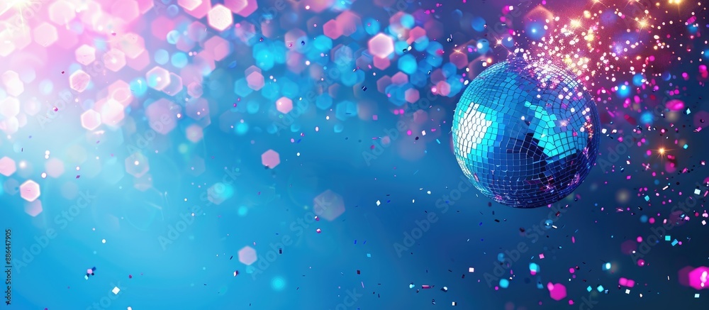 Poster a backdrop with a disco ball celebration theme on a blue background perfect for banners with ample c