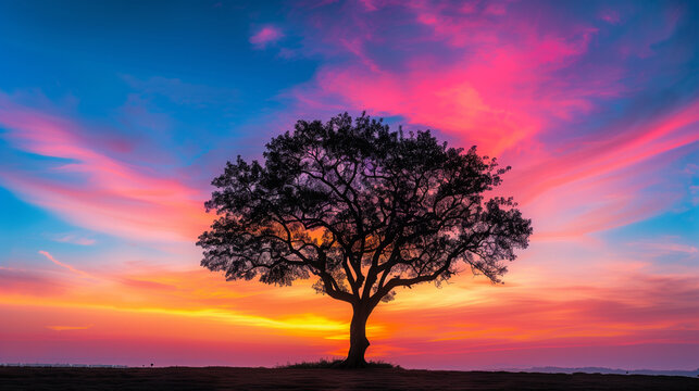 A single tree silhouetted against a colorful sunset sky