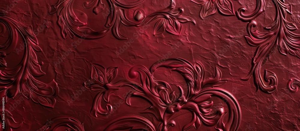 Poster Texture of a sheet of paper in a burgundy hue with decorative embossed patterns suitable for featuring designs with a blank space for images. with copy space image. Place for adding text or design
