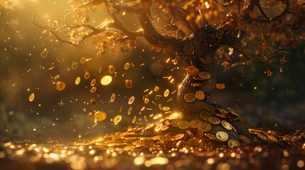 big tree with bitcoin hanging and fall from the tree, investment background theme, tree made of bitcoin