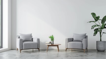 Gray living room interior with two chairs and toilet with art book on concrete floor (1)