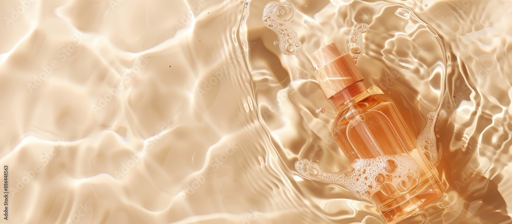 Poster top view of a cosmetic oil bottle submerged in water against a beige backdrop with copy space image 