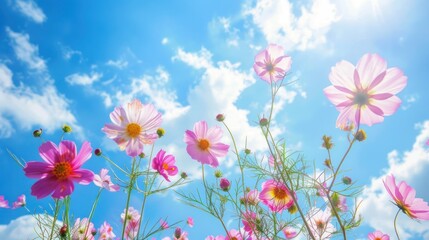 Obraz premium Colorful cosmos flowers in the meadow on a blue sky background.