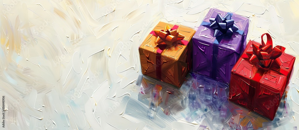 Poster Three gift boxes wrapped with bows on a white surface artistically painted with brush strokes displaying red purple and gold boxes with available copy space image