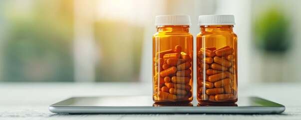 Medication bottles with digital prescription labels displayed on a tablet focus on, realistic, composite, home setting backdrop