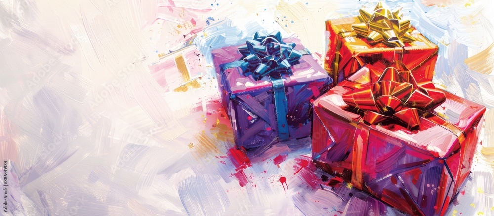 Poster Three gift boxes wrapped with bows on a white surface artistically painted with brush strokes displaying red purple and gold boxes with available copy space image